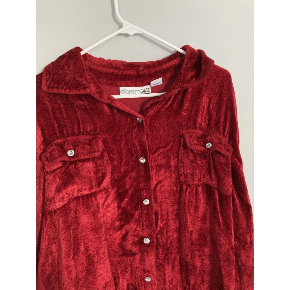 Denim 24/7 Shirt Women 24W Ruby Red Velvet Button Tunic Top Plus Long Sleeve - Picture 3 of 13